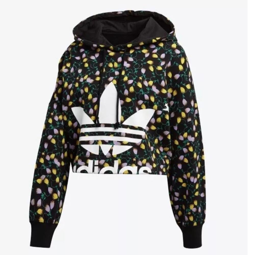 EUC ADIDAS Originals Cropped Hoodie Allover Print Drawcord Loose Fit Size Small - Picture 6 of 8